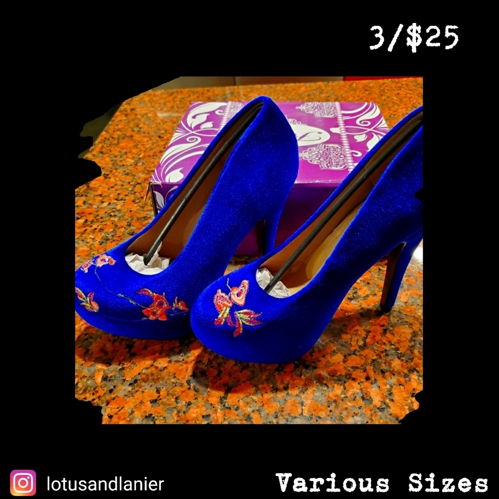Forever 21 Cobalt Blue Velvet Embroidered Platform Pumps